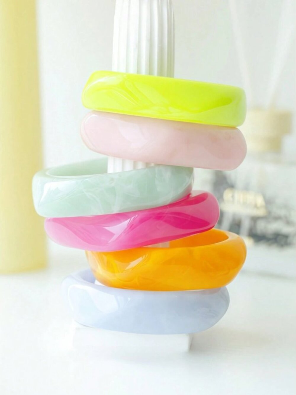 6-Piece Multicolor Resin Bangle Set - Pink & Yellow & Blue Pastel Tones